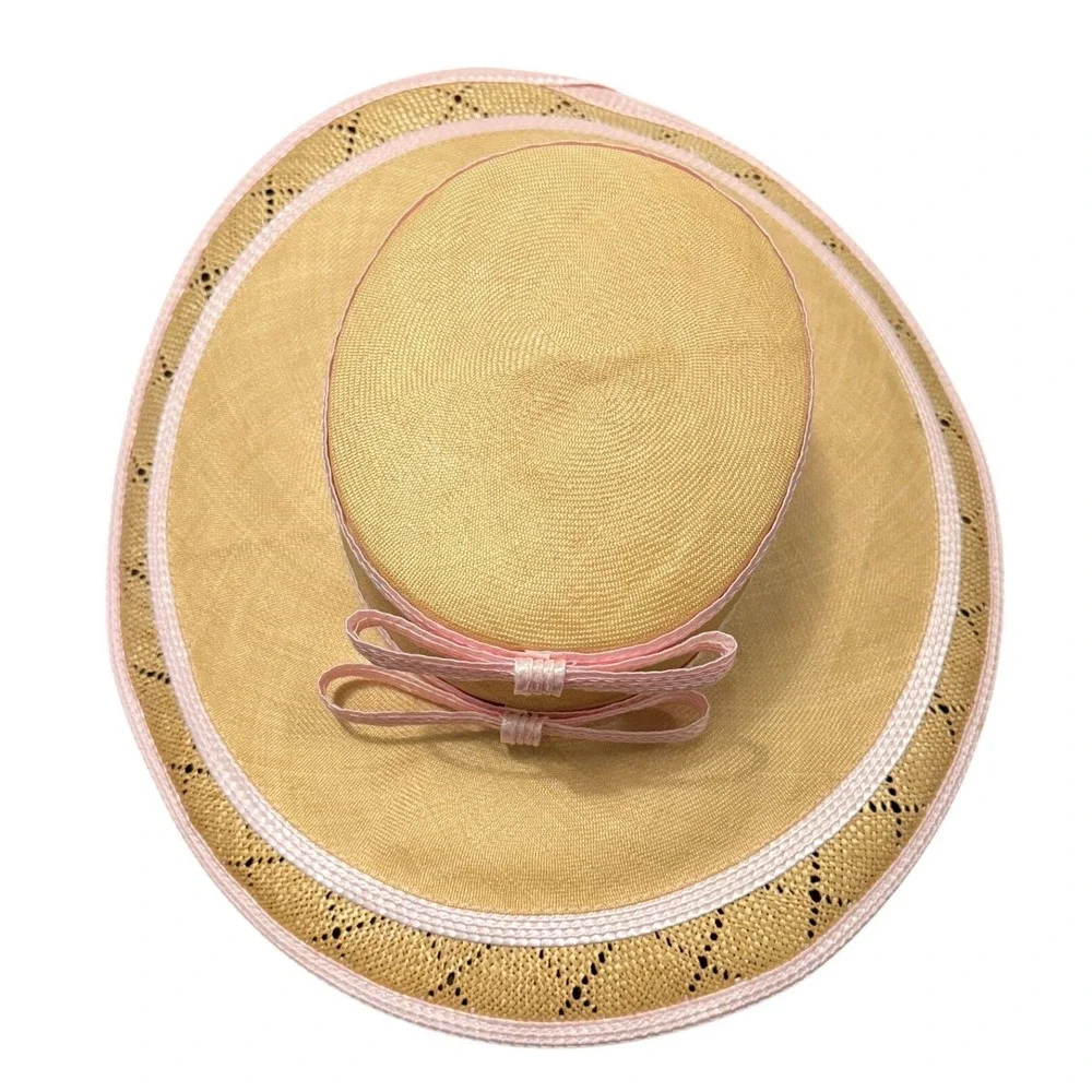 Oscar de la Renta Straw Wide-Brim Hat in Yellow with Pink Trim